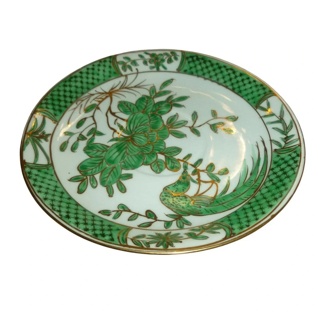 Vintage Chinese Famille Verte Style Teacup & Saucer Green Phoenix Bird Gold Gilt
